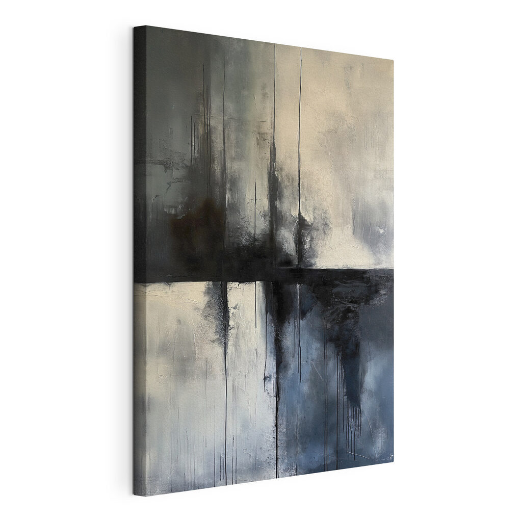 Een schilderij van een zwart-wit vierkant, gespannen canvas met doorlopende rand