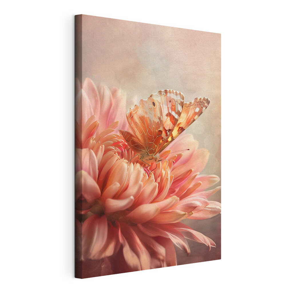 Een vlinder op een bloem, gespannen canvas met doorlopende rand