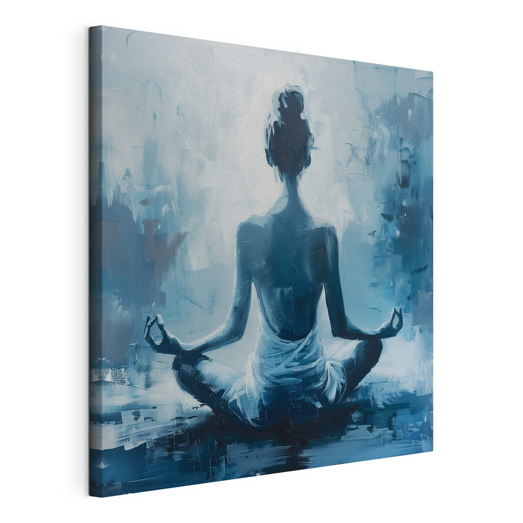 Een schilderij van een vrouw in lotushouding, gespannen canvas met doorlopende rand