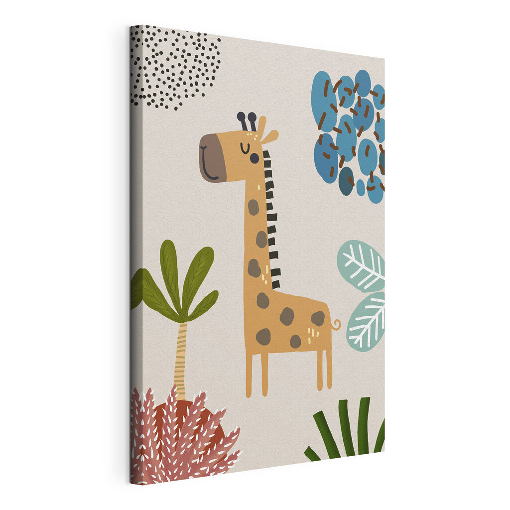 Een giraffe en een boom, gespannen canvas met doorlopende rand