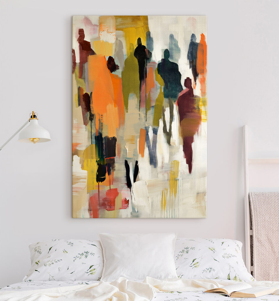 Een groep mensen in verschillende kleuren in een interieur