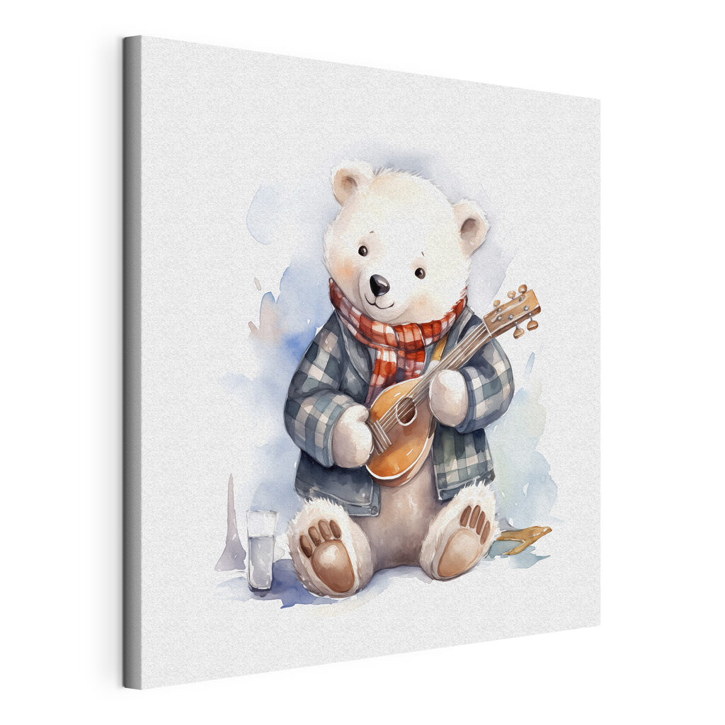 Beertje met een ukelele, gespannen canvas met doorlopende rand
