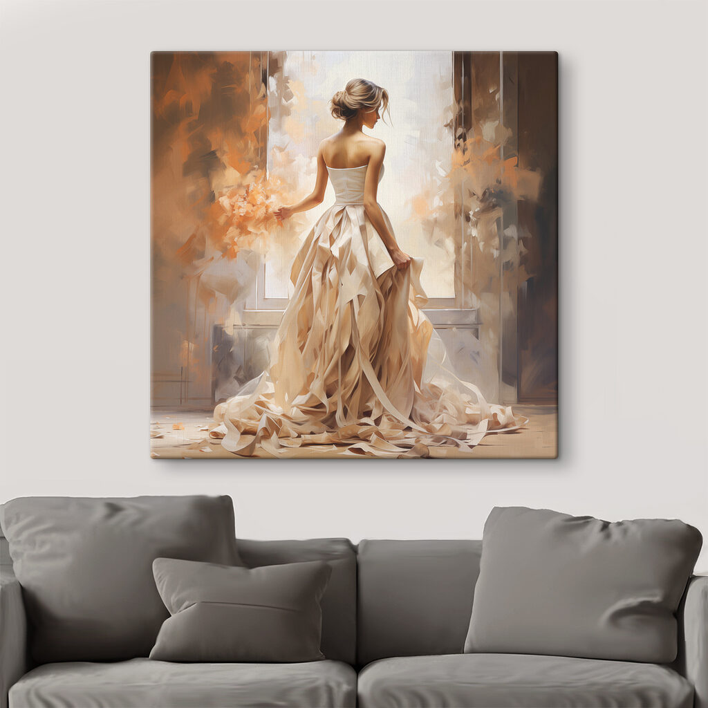 Een vrouw in een jurk in een interieur