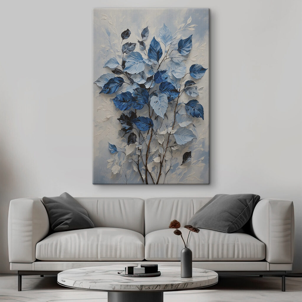 Blauwe bladeren op grijs — interieur 1