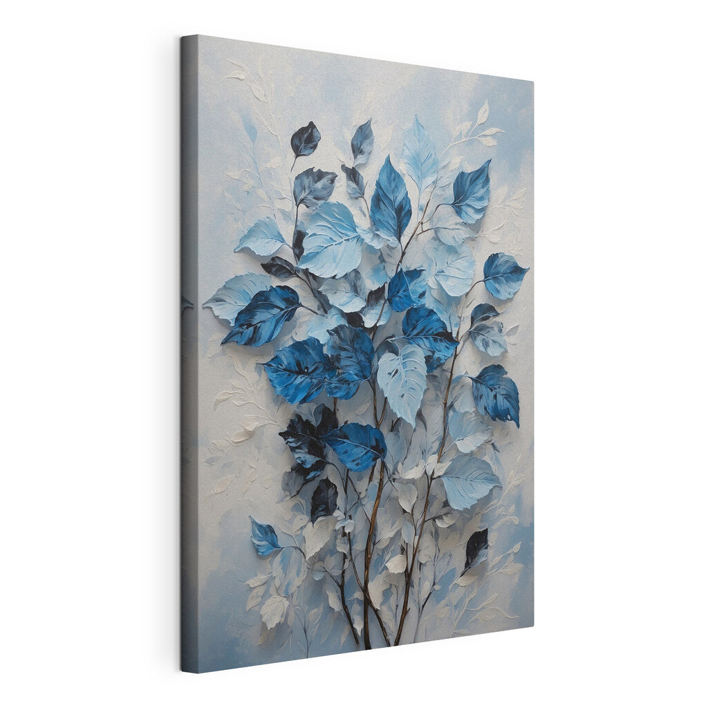 Blauwe bladeren op grijs, gespannen canvas met doorlopende rand