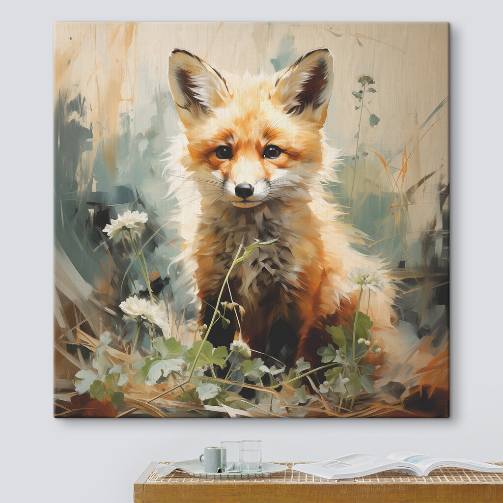 Een vos zittend in gras in een interieur