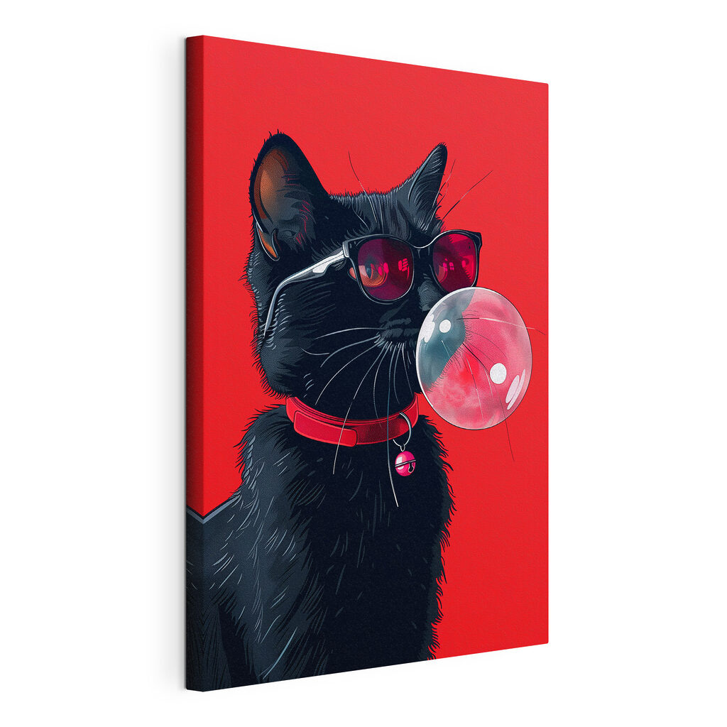 Zwarte kat, roze kauwgom, gespannen canvas met doorlopende rand