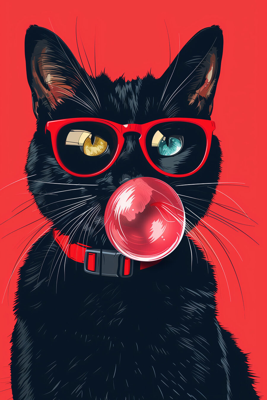 Kattenblik achter rode bril — volledig ontwerp