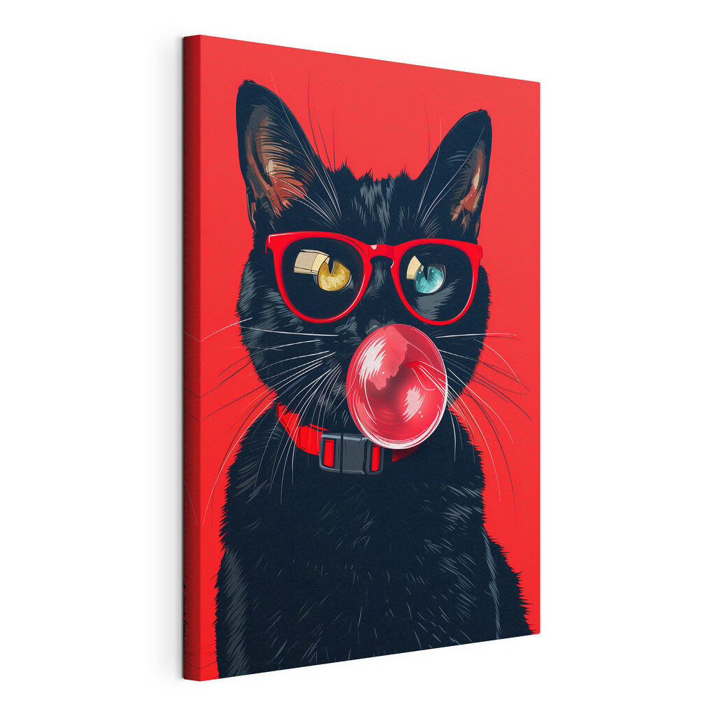 Kattenblik achter rode bril, gespannen canvas met doorlopende rand