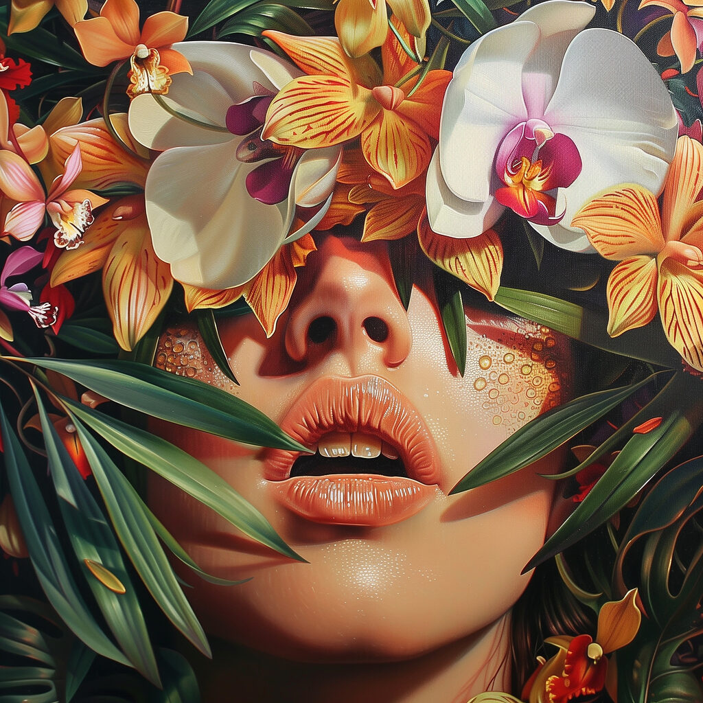 Orchideeën boven gouden lippen — volledig ontwerp