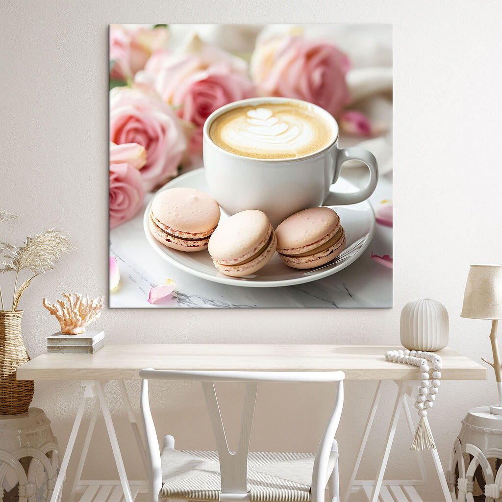 Cappuccino met macarons in een interieur