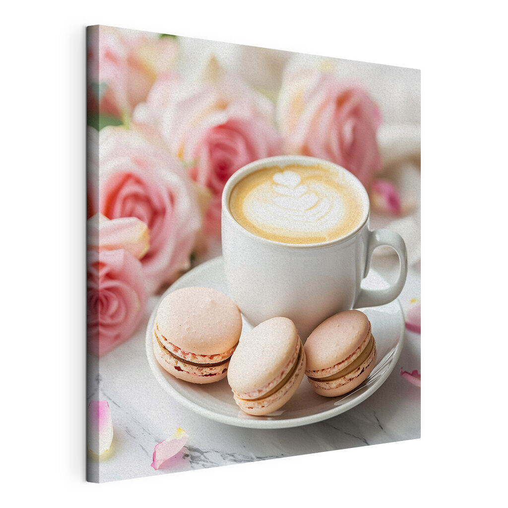 Cappuccino met macarons, gespannen canvas met doorlopende rand