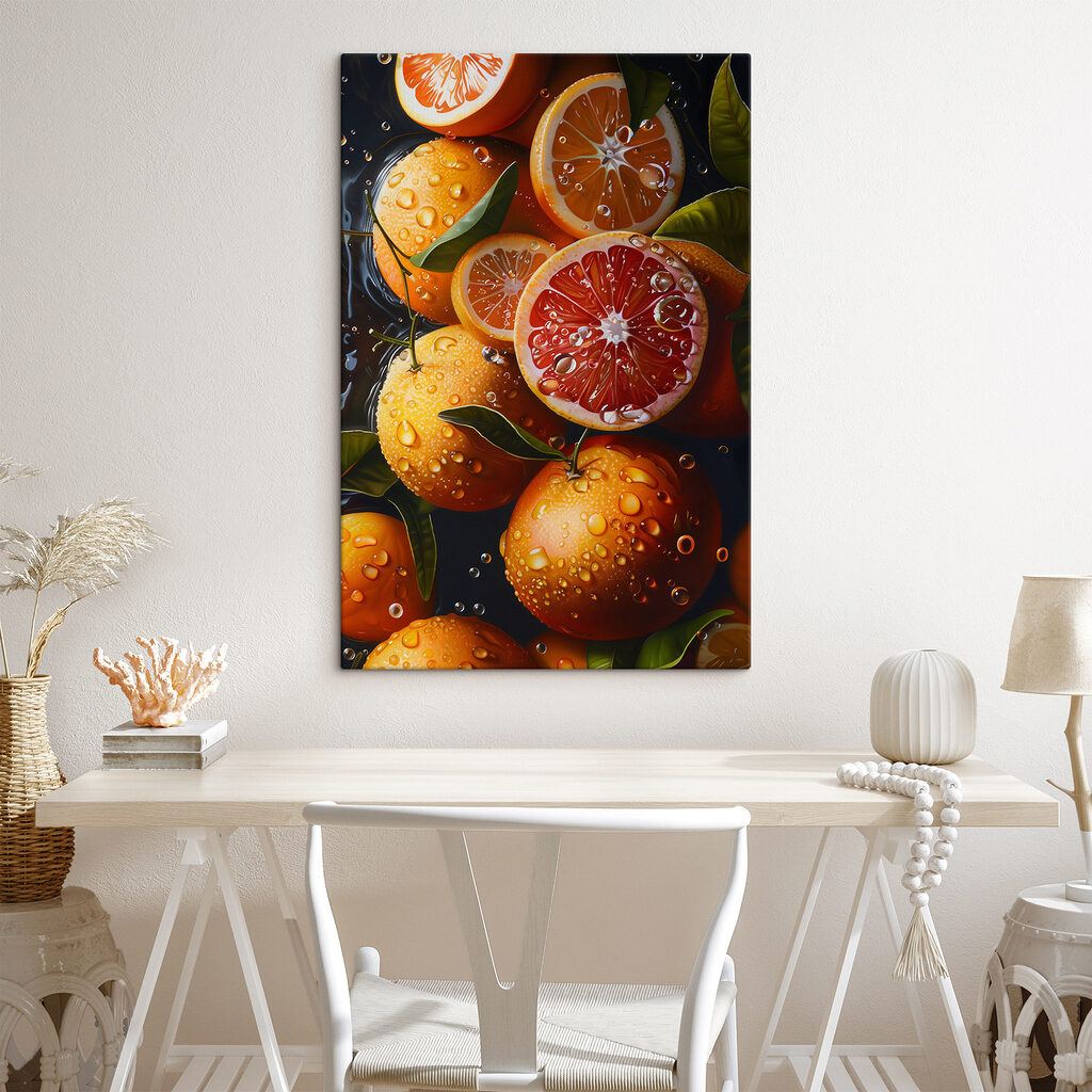 Sinaasappels in donkere druppels in een interieur