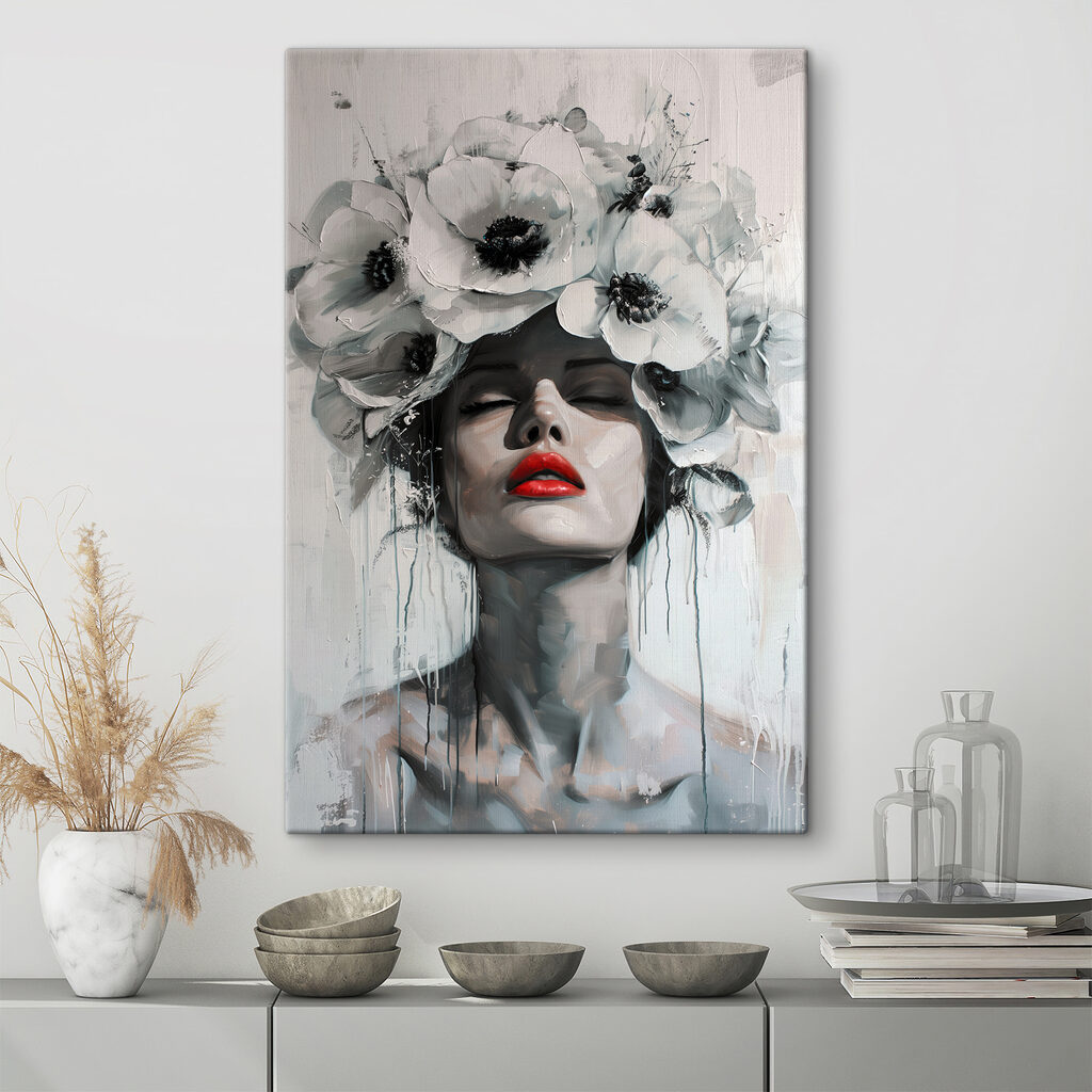 Schilderij van een vrouw met bloemen op haar hoofd in een interieur