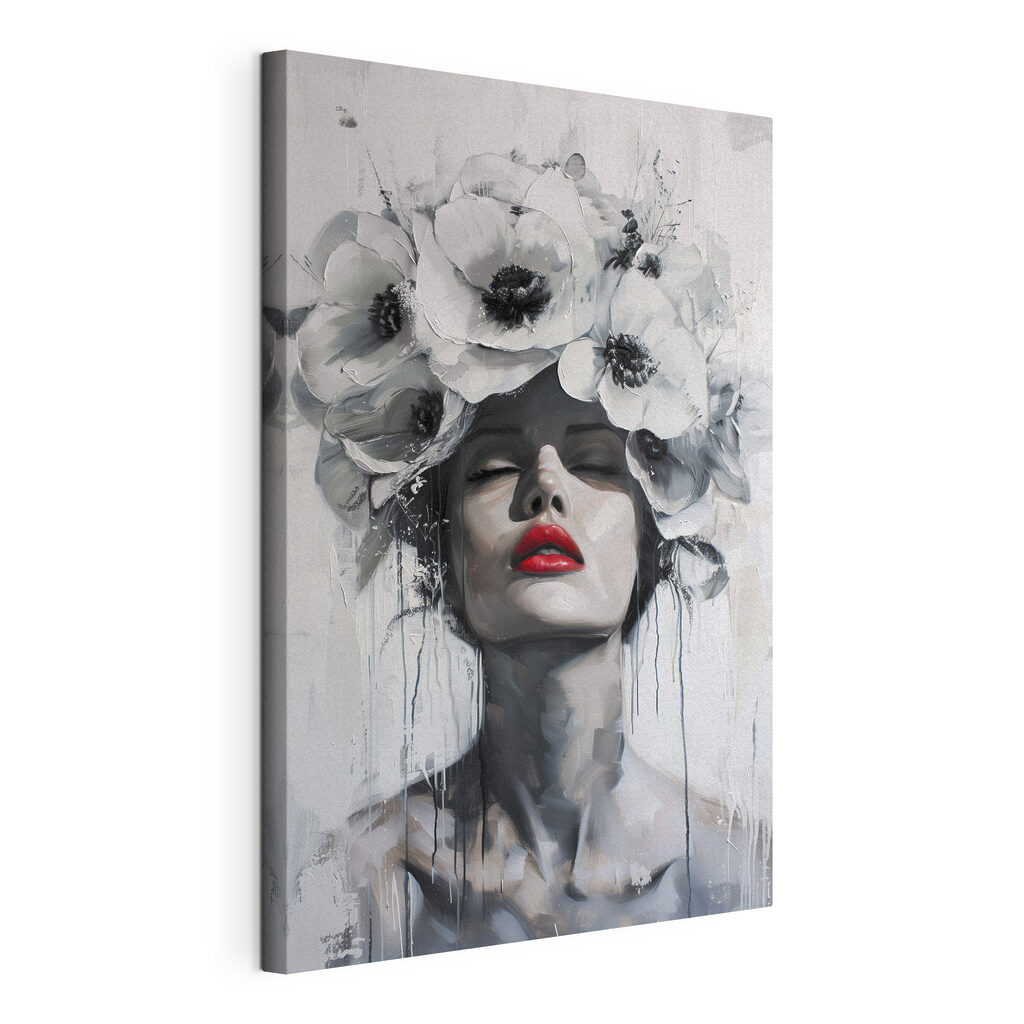 Rode lippen, witte bloemen, gespannen canvas met doorlopende rand