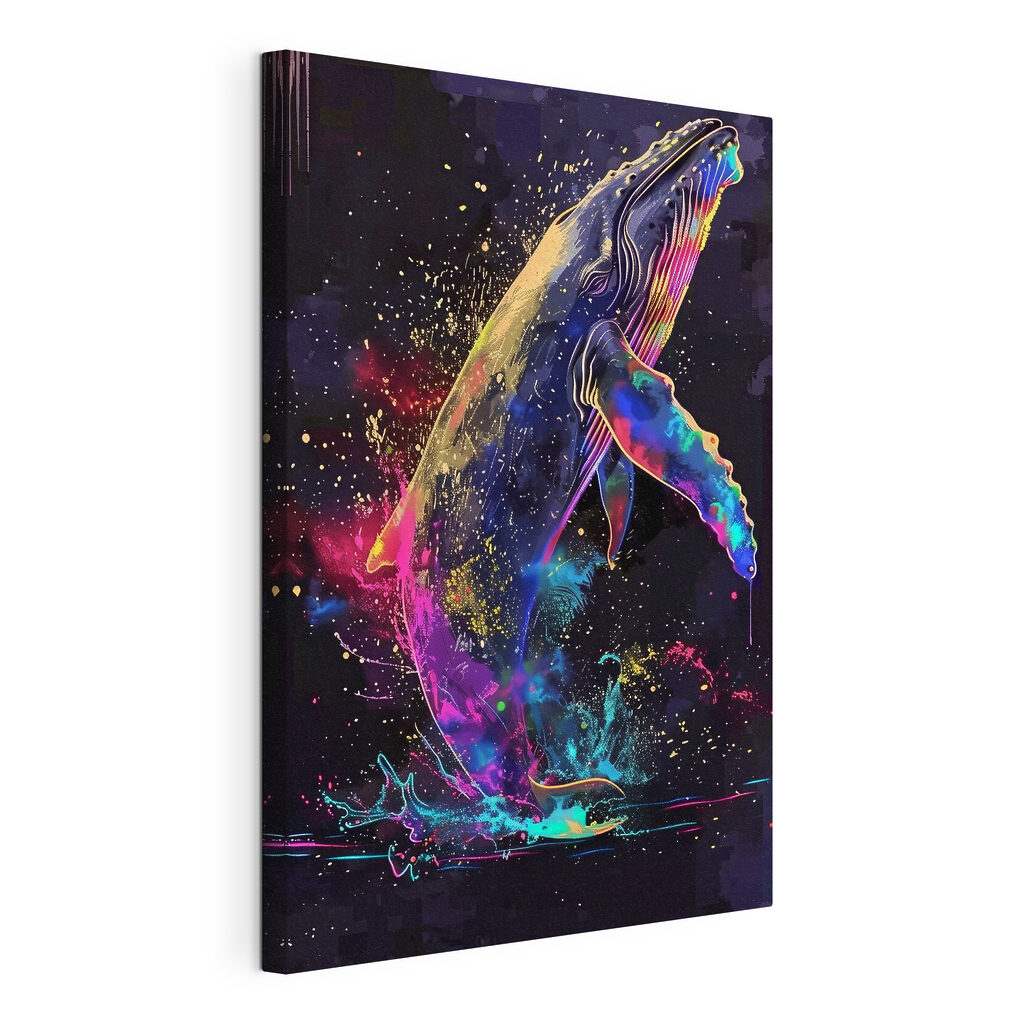 Walvis springt door kleur, gespannen canvas met doorlopende rand