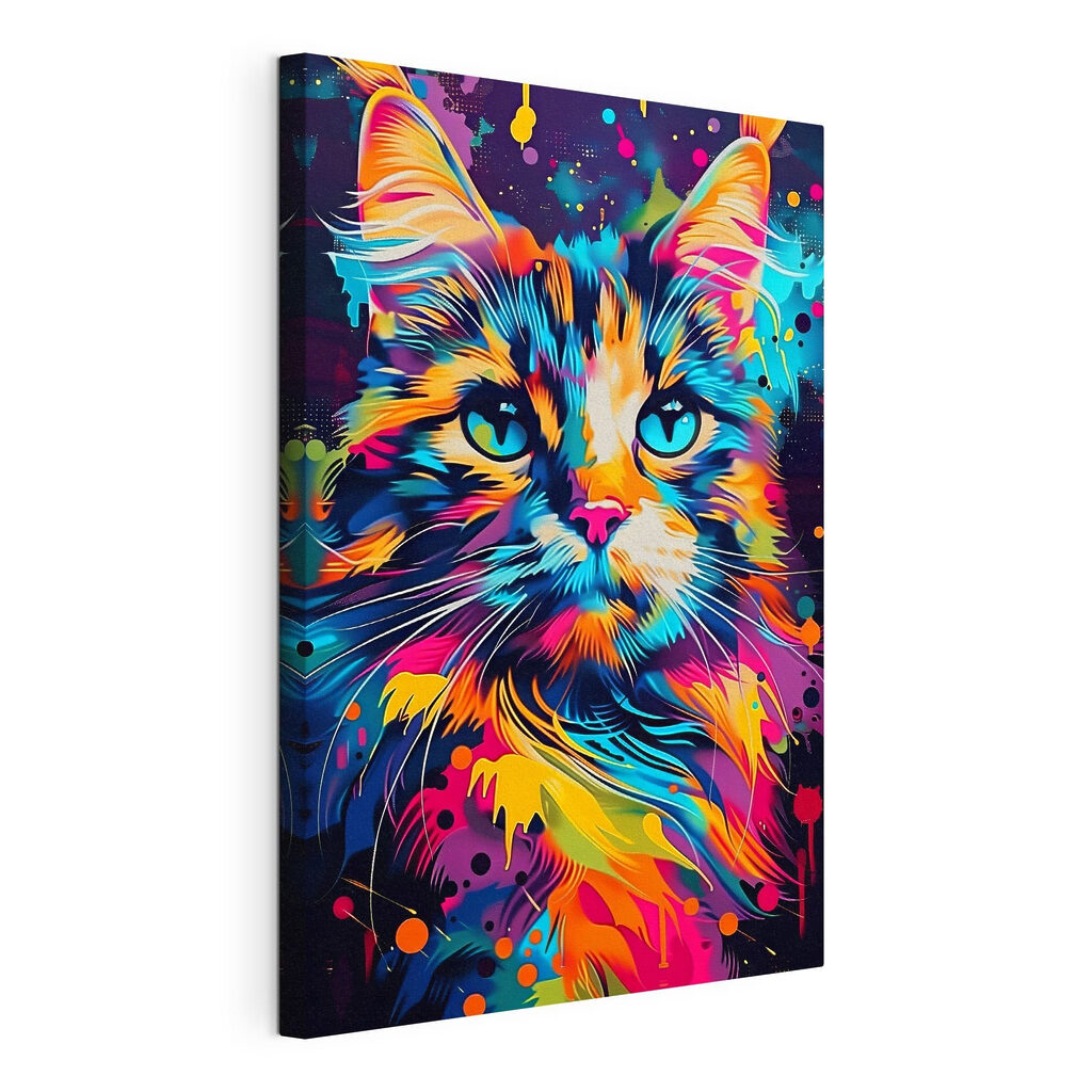 Een kattenblik vol kleurspatten, gespannen canvas met doorlopende rand