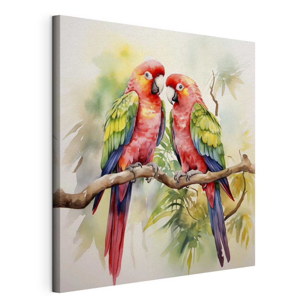Twee vogels op een tak, gespannen canvas met doorlopende rand