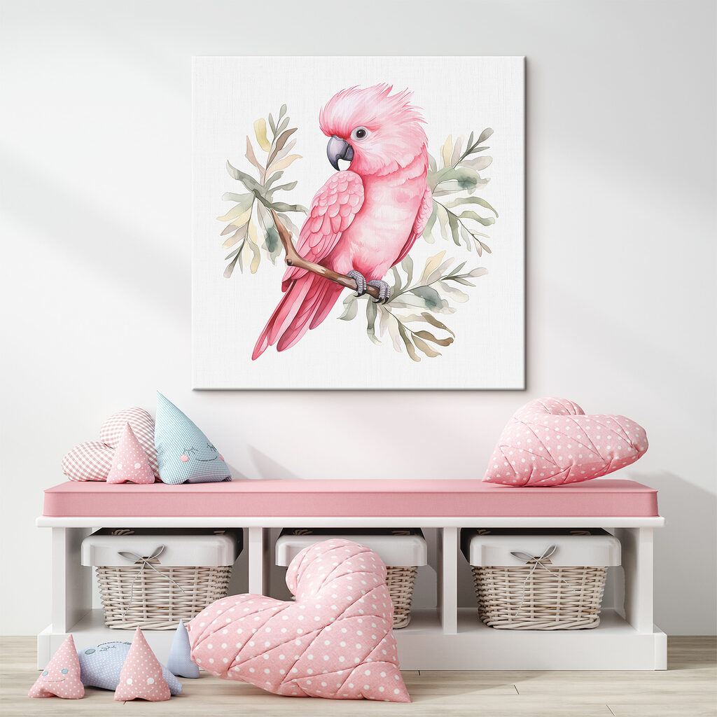 Roze kaketoe tussen grijsgroen — interieur 1