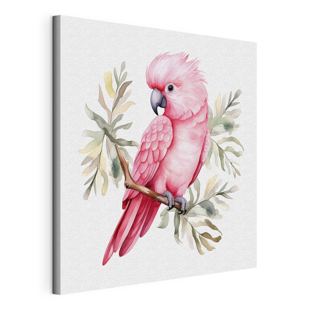 Roze kaketoe tussen grijsgroen, gespannen canvas met doorlopende rand