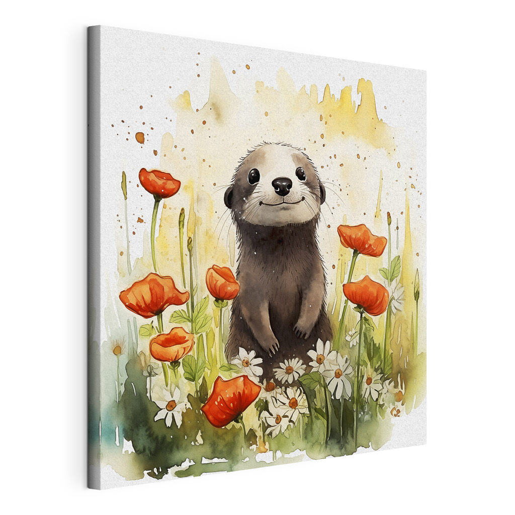 Otter tussen rode klaprozen, gespannen canvas met doorlopende rand