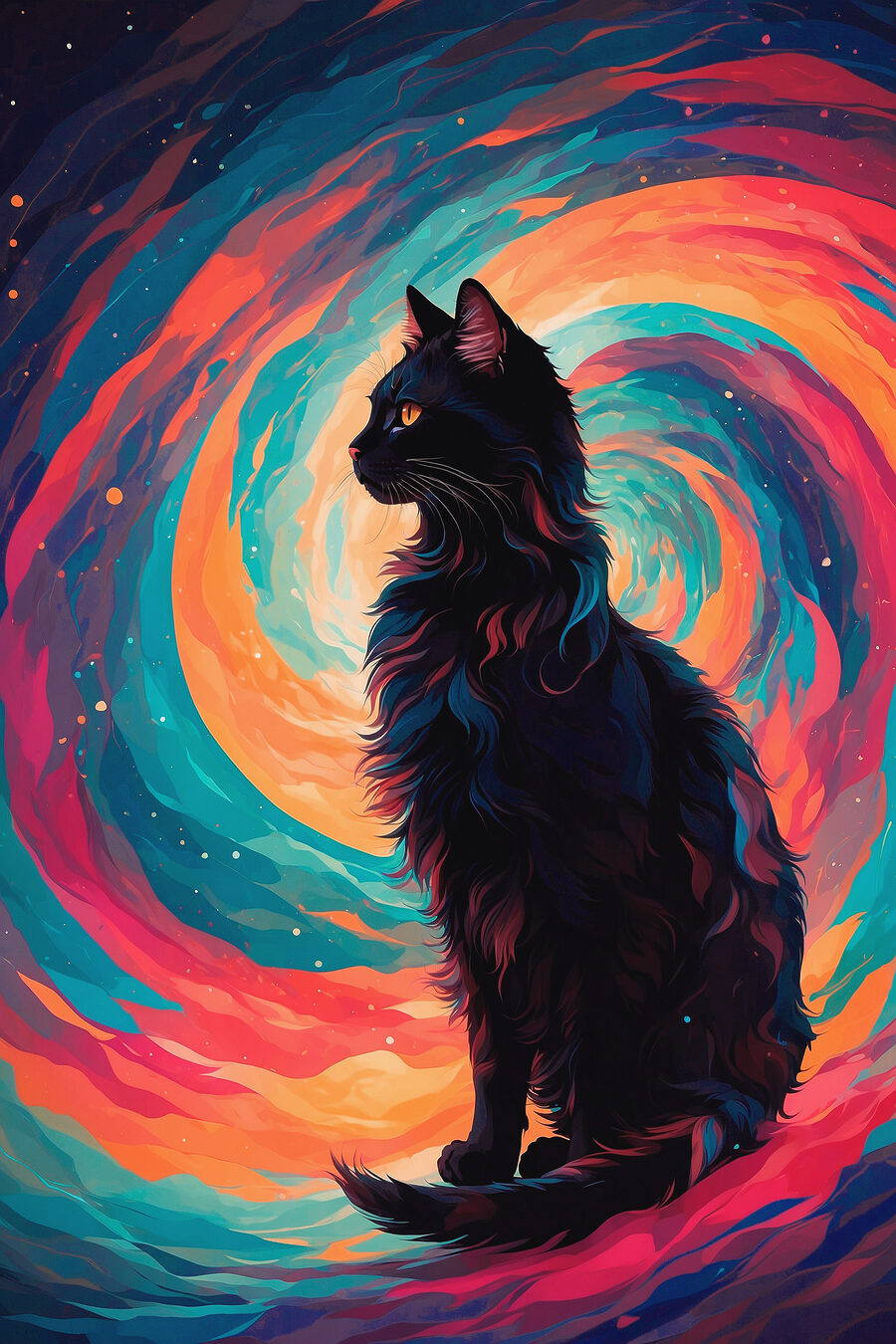 Zwarte kat in kleurenwervel — volledig ontwerp