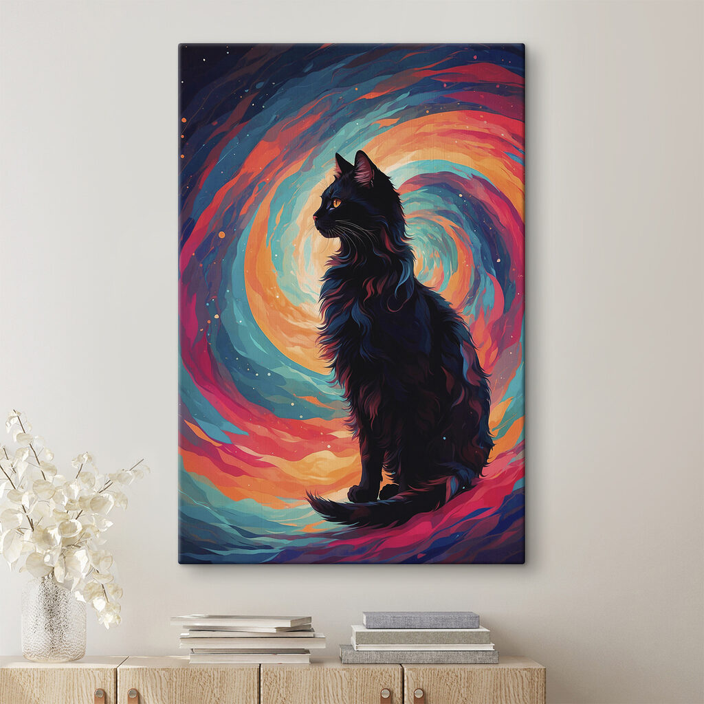 Zwarte kat in kleurenwervel — interieur 2