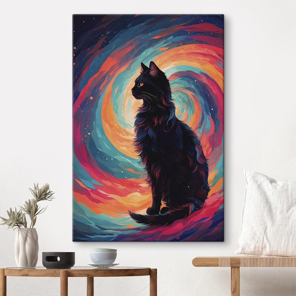 Zwarte kat in kleurenwervel — interieur 1