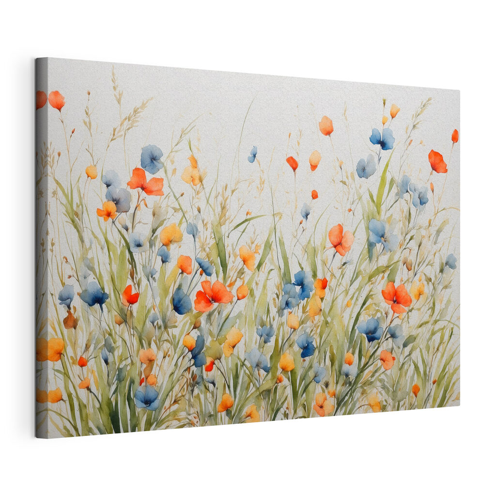 Veldbloemen in twee kleuren, gespannen canvas met doorlopende rand