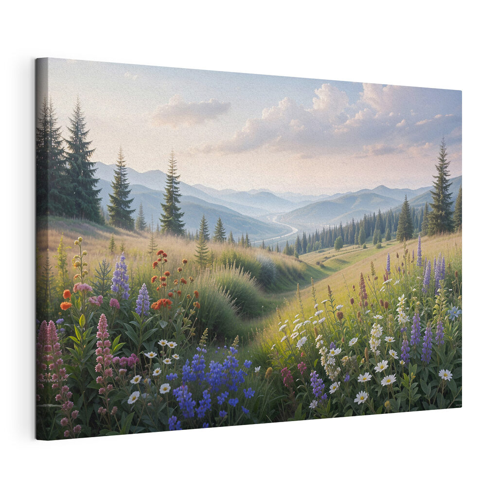 Bloemenpad door groene heuvels, gespannen canvas met doorlopende rand