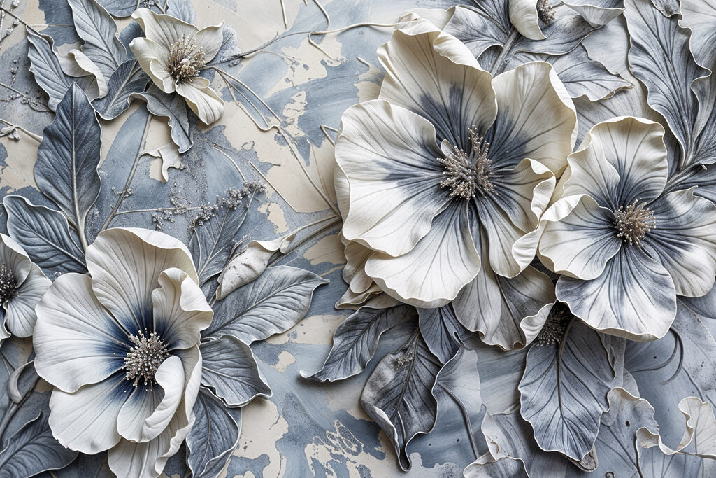 Bloemen in koele grijstinten — volledig ontwerp