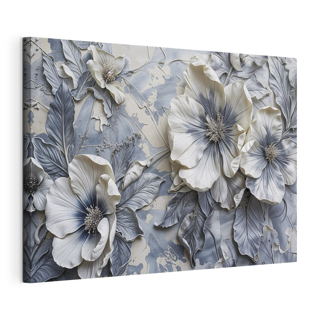 Bloemen in koele grijstinten, gespannen canvas met doorlopende rand