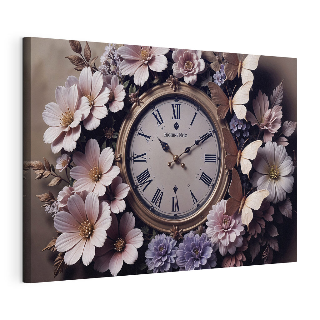 Bloemenkrans rond de tijd, gespannen canvas met doorlopende rand
