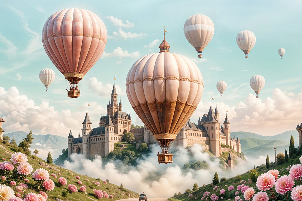 Luchtballonnen boven een droomkasteel — volledig ontwerp