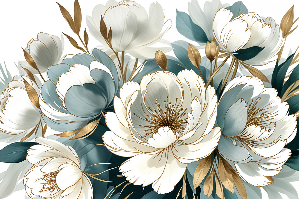 Witte bloemen, blauwe schaduwen — volledig ontwerp