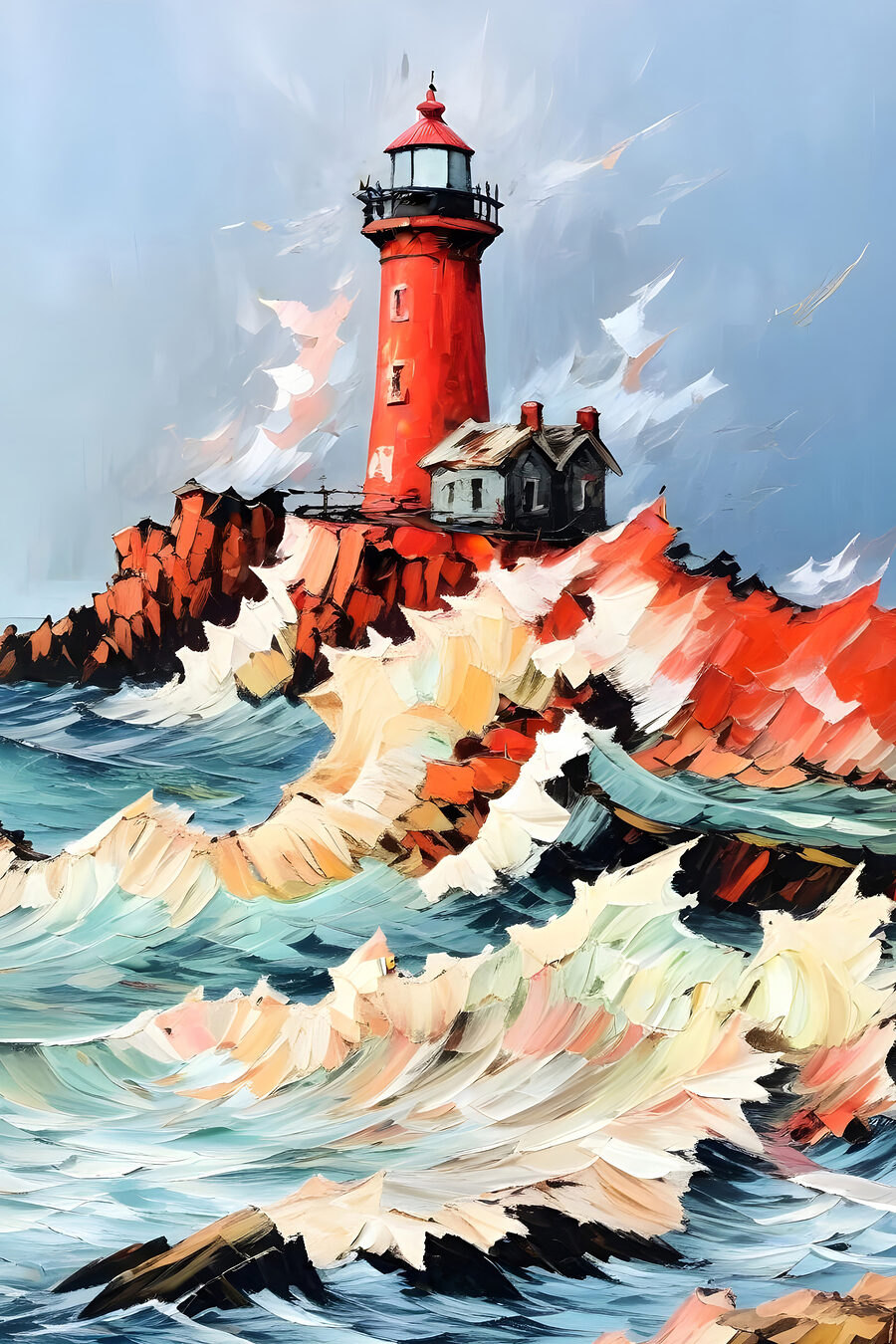 Rode vuurtoren boven branding — volledig ontwerp