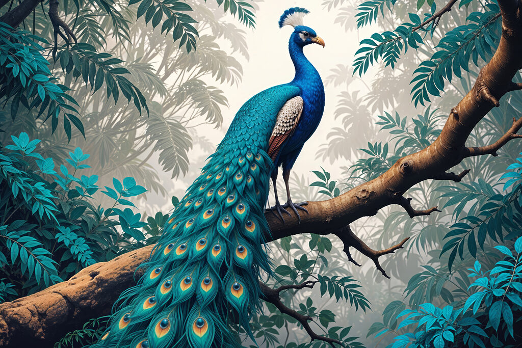 Pauw op een jungletak — volledig ontwerp