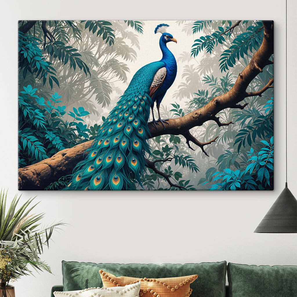 Pauw op een jungletak in een interieur