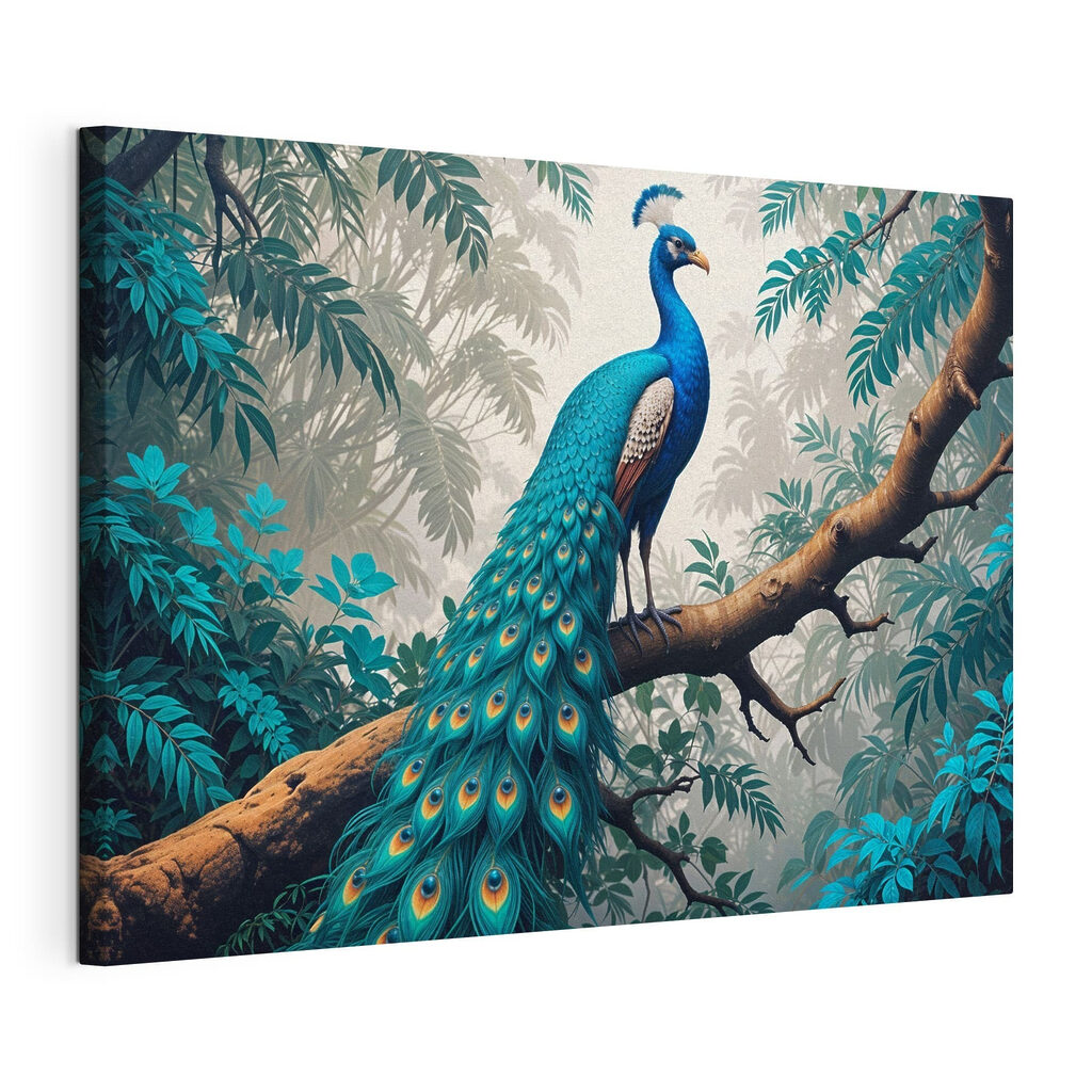 Pauw op een jungletak, gespannen canvas met doorlopende rand