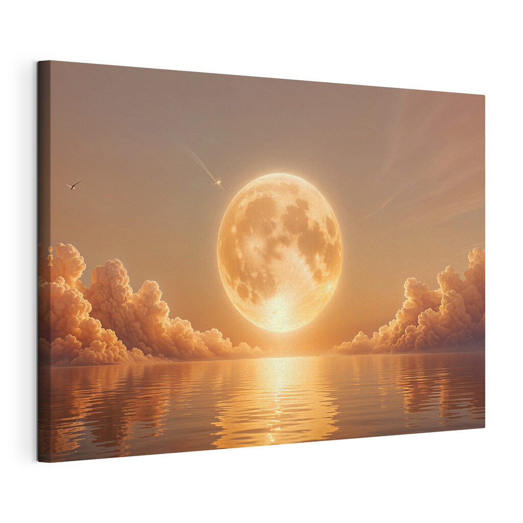 Volle maan in avondgloed, gespannen canvas met doorlopende rand
