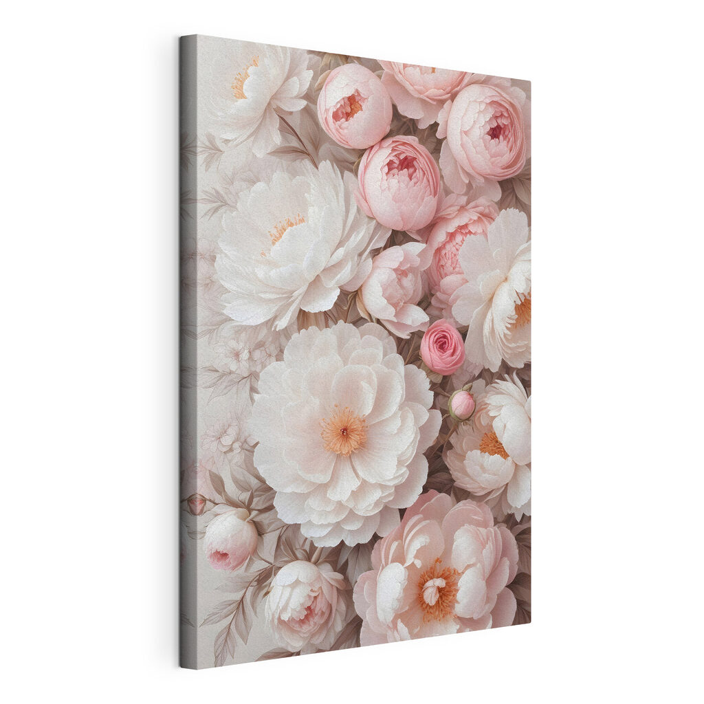 Roze rozetten tussen wit, gespannen canvas met doorlopende rand