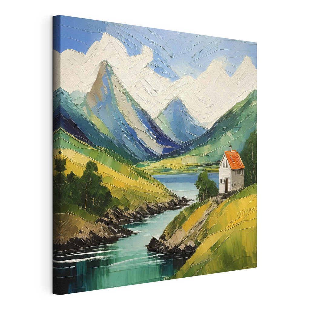 Kapel boven turkooizen water, gespannen canvas met doorlopende rand
