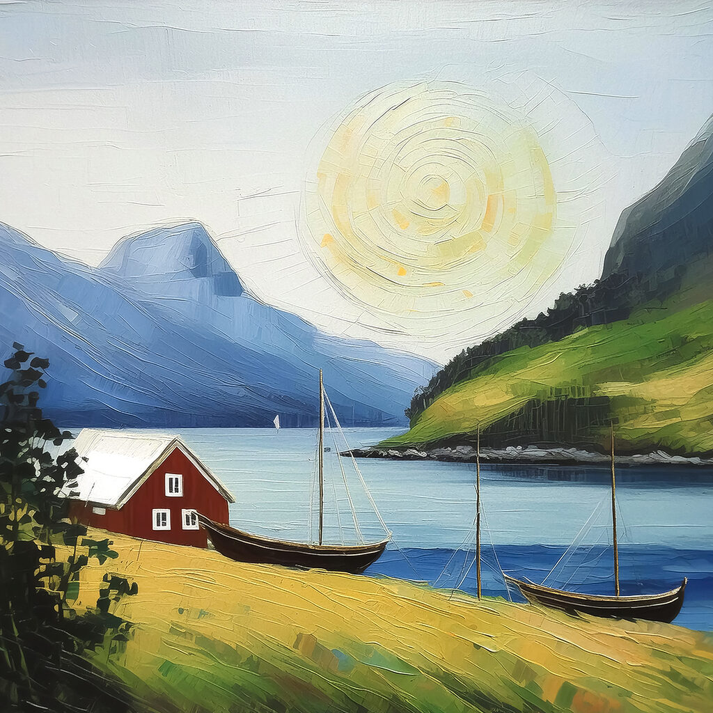 Rood huis aan fjord — volledig ontwerp