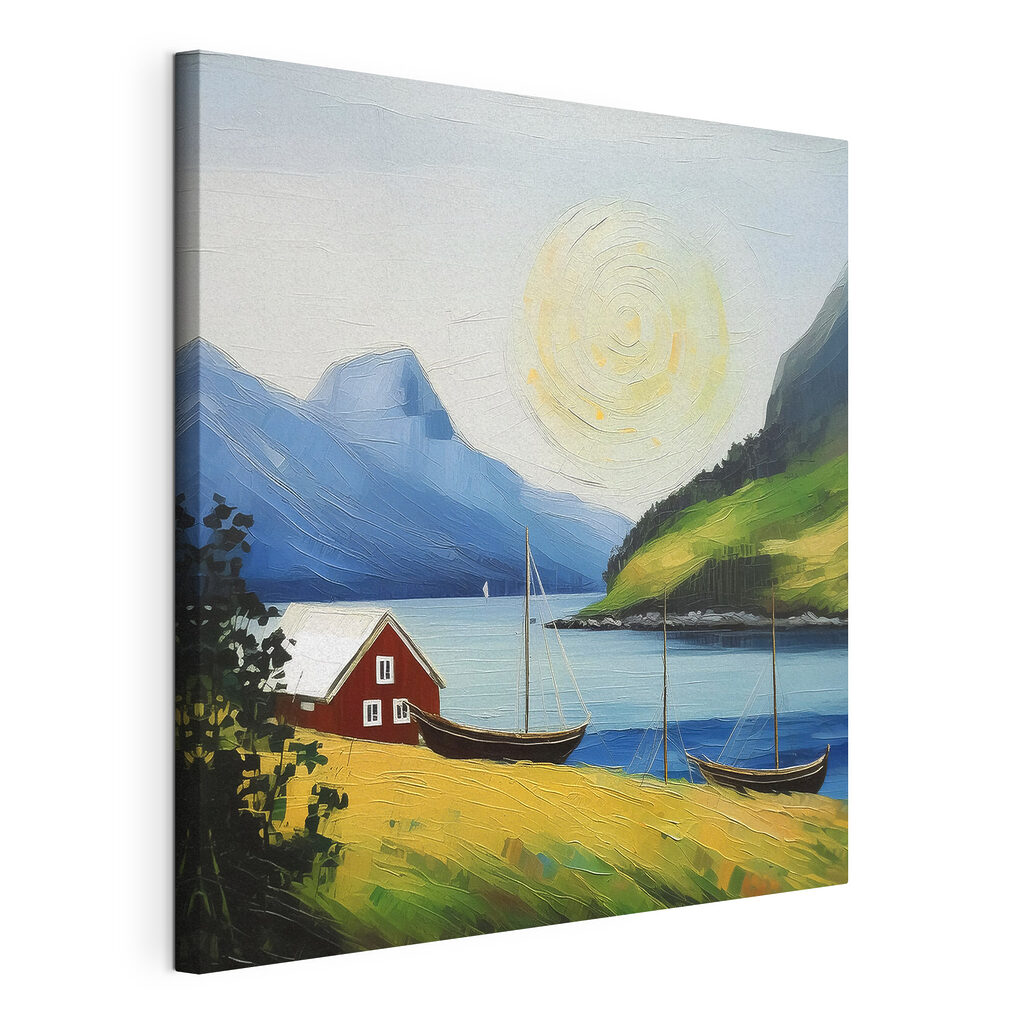 Rood huis aan fjord, gespannen canvas met doorlopende rand