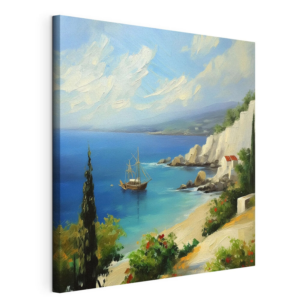 Een schilderij van een boot in het water, gespannen canvas met doorlopende rand