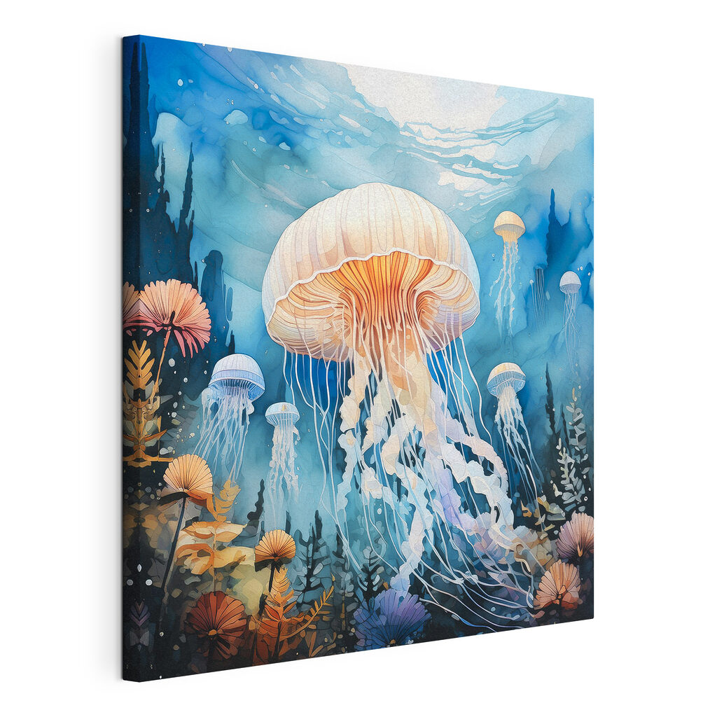 Kwallen tussen onderwaterbloemen, gespannen canvas met doorlopende rand