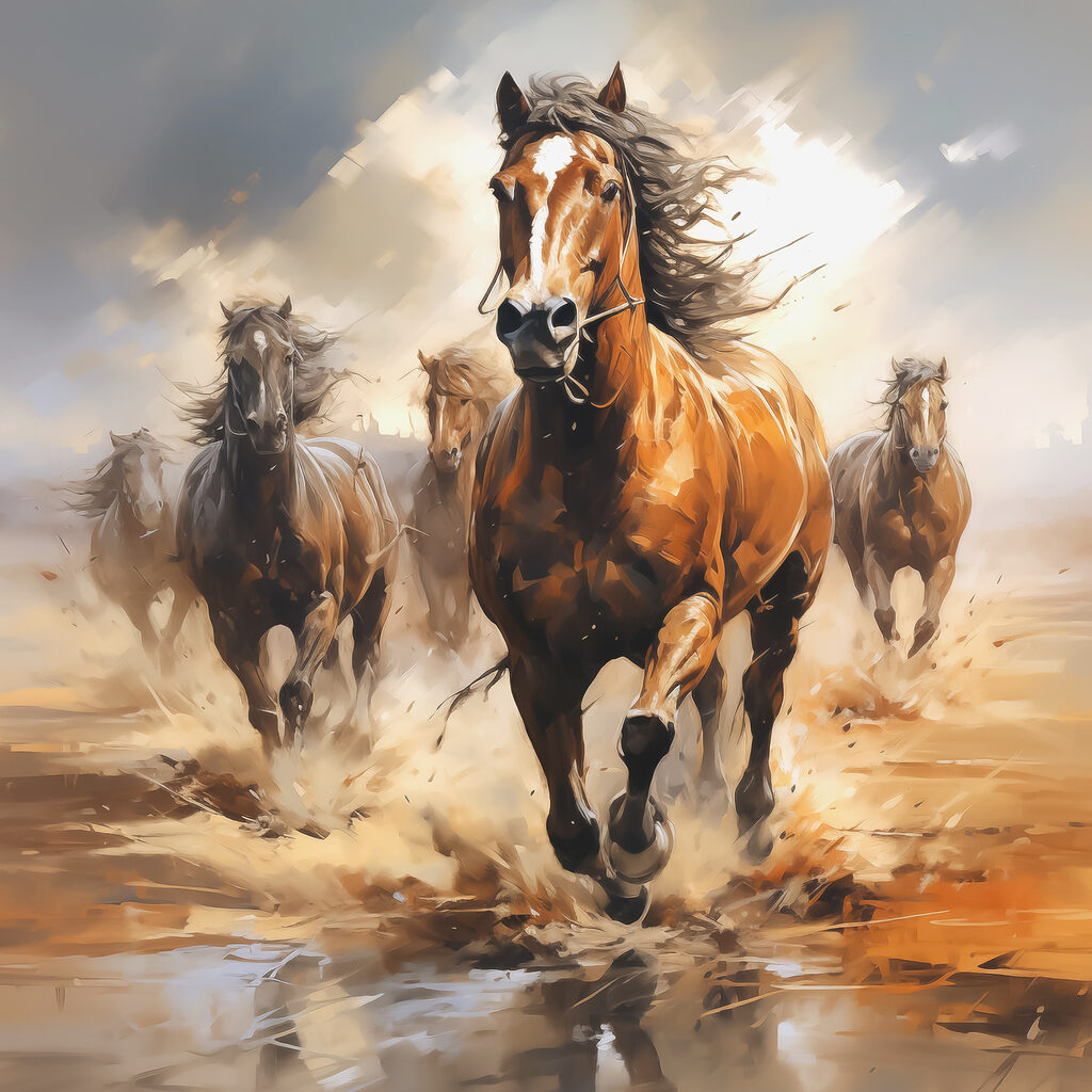 Paarden door ondiep water — volledig ontwerp
