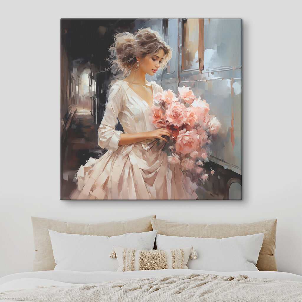 Een vrouw met bloemen in een trein in een interieur