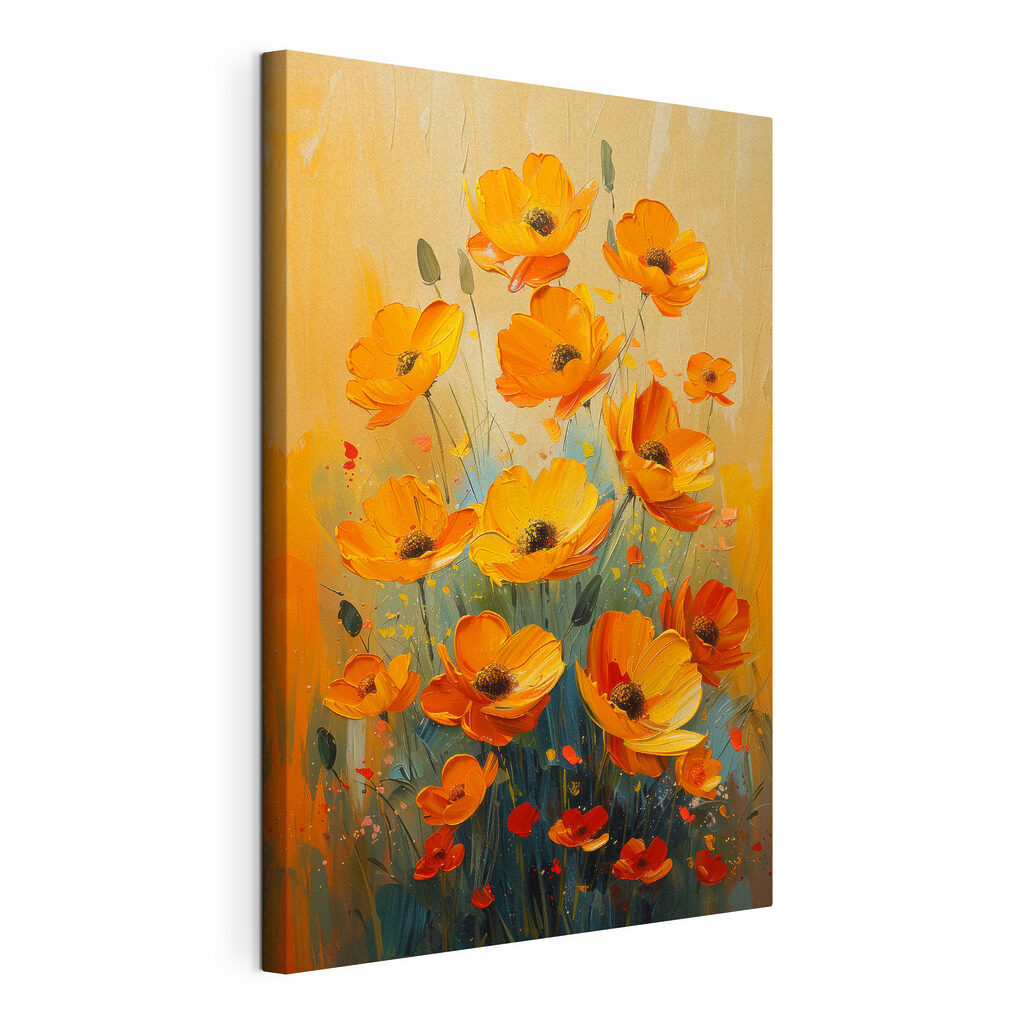 Oranje bloemen voor zongeel, gespannen canvas met doorlopende rand
