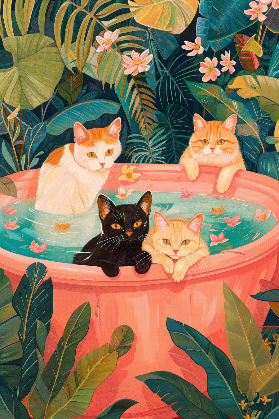 Katten in tropisch bad — volledig ontwerp